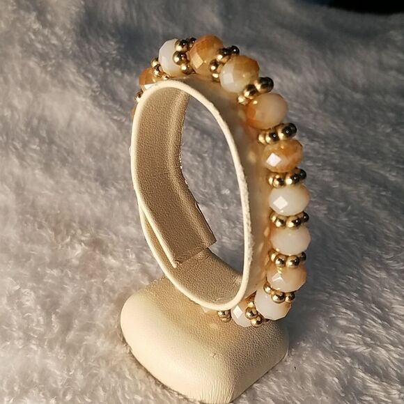 White, Orange, & Gold Tone Beaded Bracelet - Picture 2 of 5